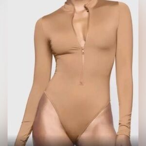 SKIMS Zip Front Long Sleeve One Piece Swimsuit in OCHRE Size M NWT
